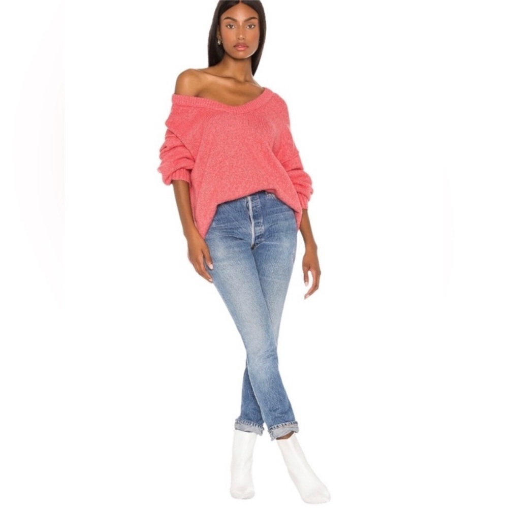 Free People Oversized Knit Coral Cozy Deep V-Neck Sweater sz S